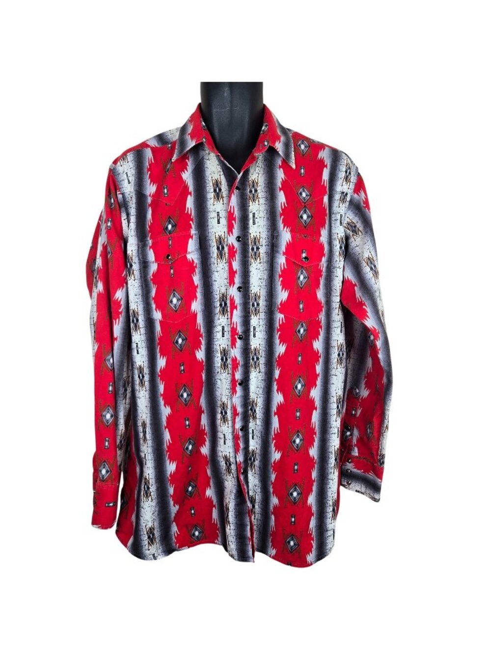 Vintage 90s Panhandle Slim Western Shirt Red Aztec Print Mens Size LT Pearl Snap